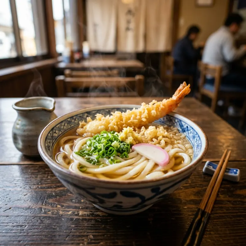 Authentic Japanese Sanuki udon bowl with green scallions and tempura