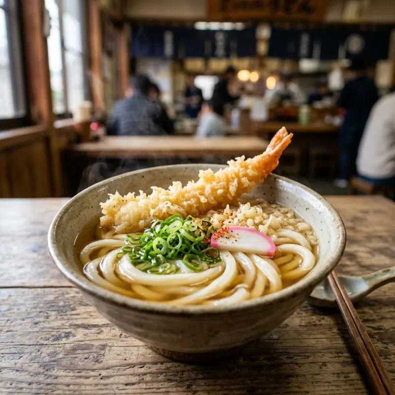 A bowl of traditional Sanuki Udon noodles with tempura and scallions