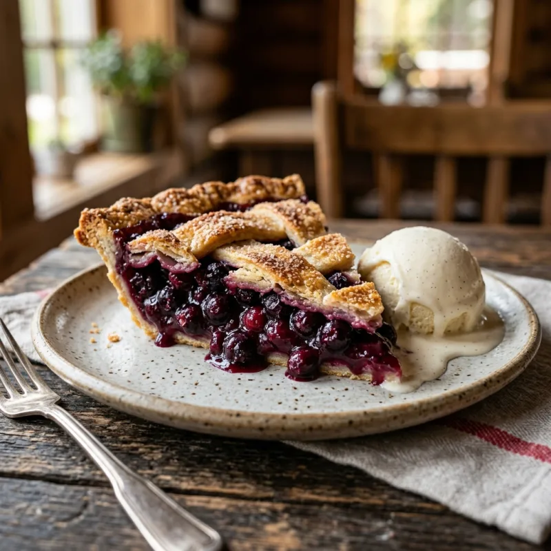 A slice of authentic warm Saskatoon berry pie with vanilla ice cream
