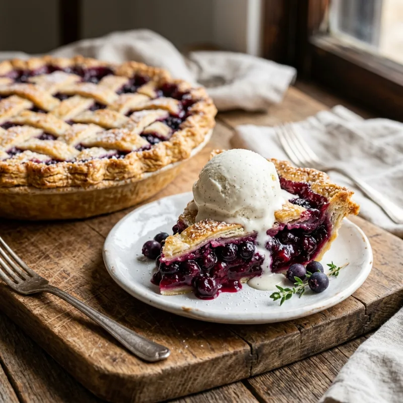 A slice of Saskatoon Berry Pie with vanilla ice cream