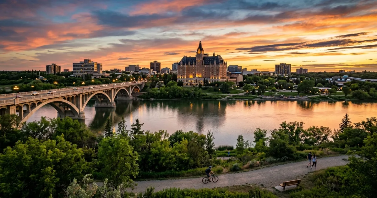 Saskatoon skyline and Broadway Bridge at sunset