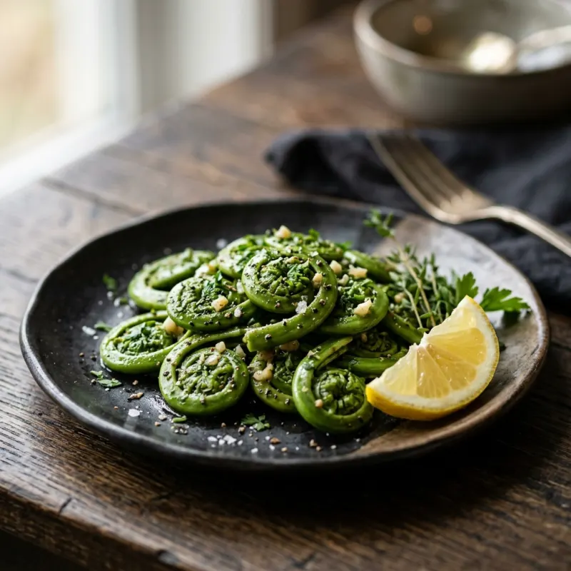 Freshly sautéed green fiddleheads with garlic and sea salt on a plate