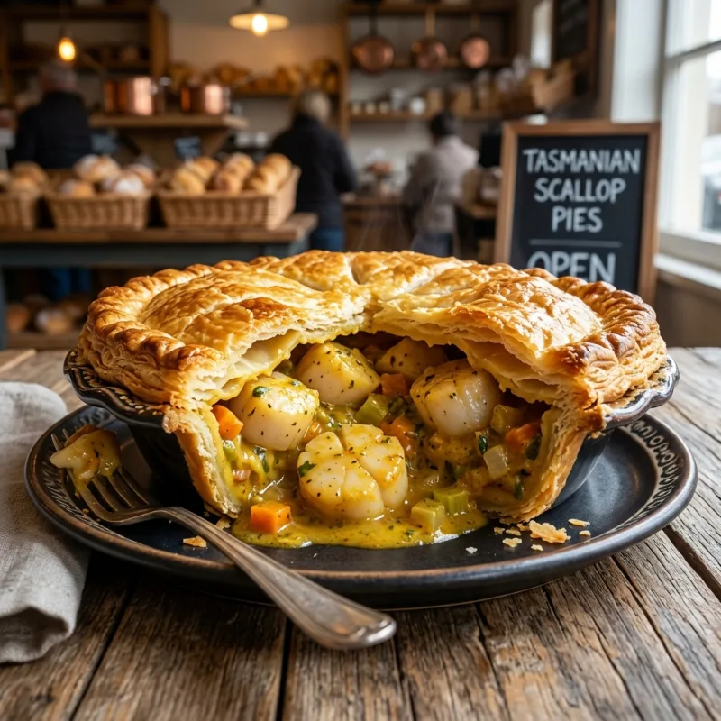 A traditional Tasmanian scallop pie cut open to show the creamy curry filling