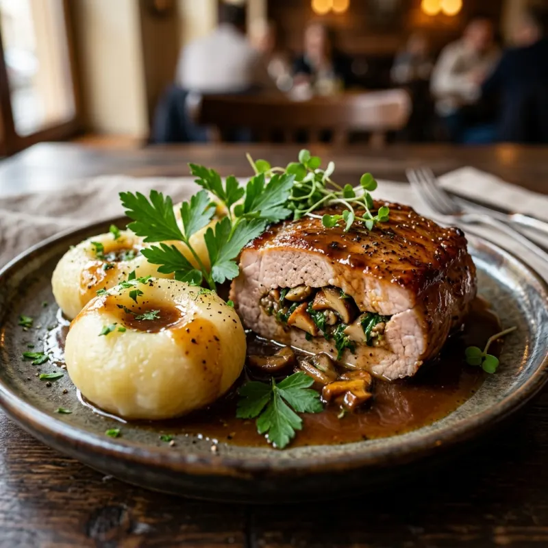 Schab po lubusku stuffed pork loin with mushroom sauce and Silesian dumplings