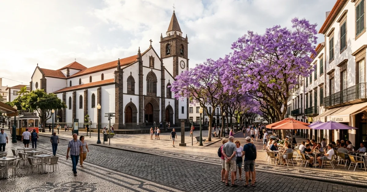 Sé Cathedral and historic cobblestone street lined with blooming trees in Sé District Funchal Madeira