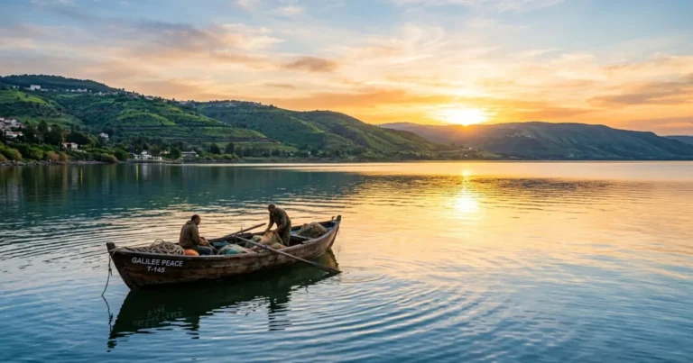 Sea of Galilee 1 Panoramic sunrise view of the Sea of Galilee with a traditional wooden boat