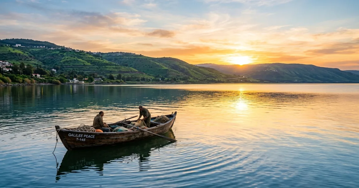 Travel Guides 1 Panoramic sunrise view of the Sea of Galilee with a traditional wooden boat