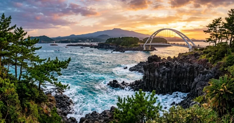 Seogwipo 1 Dramatic volcanic coastline of Seogwipo with basalt rock formations and turquoise waters on Jeju Island