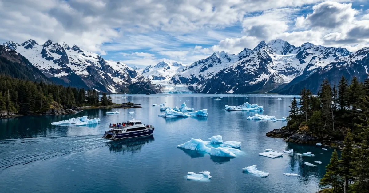 Panoramic view of Resurrection Bay in Seward Alaska with snow-covered mountains and calm fjord waters.