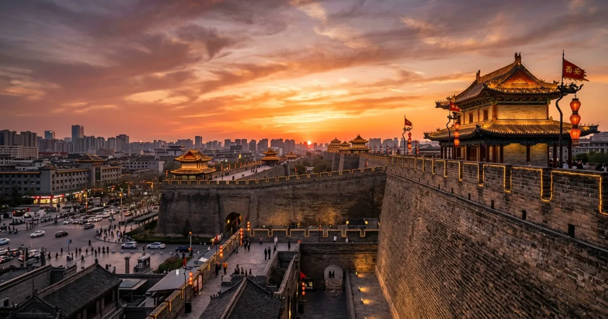 Panoramic view of the historic Xi'an city wall at sunset in Shaanxi Province