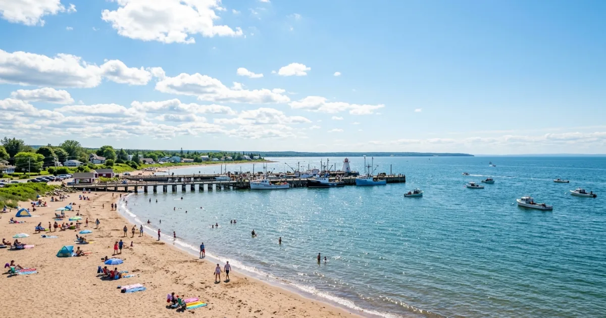 Scenic wide-angle view of the sandy coast and blue waters of Parlee Beach in Shediac New Brunswick