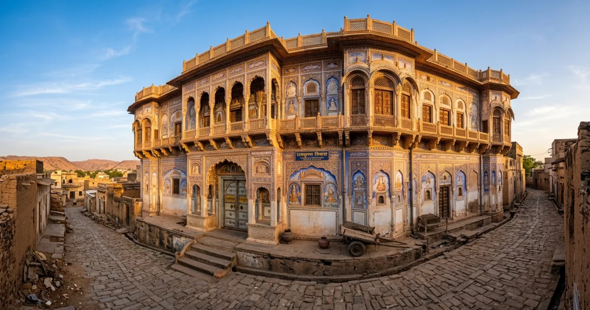 Frescoed exterior of an ornate historic haveli in Shekhawati Rajasthan