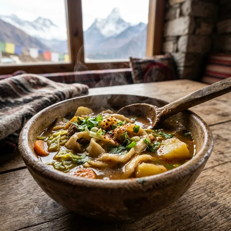 Steaming bowl of traditional Sherpa stew Shakpa on a rustic wooden table in the Everest Region