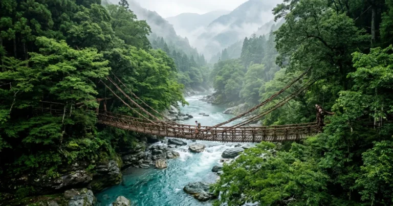 Shikoku 1 A traditional vine bridge suspended over a river in the lush Iya Valley of Shikoku