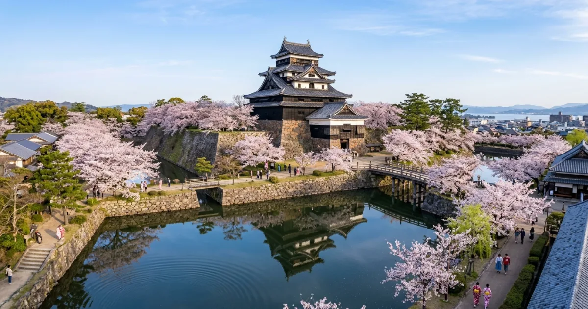 Panoramic view of historic Matsue Castle and blooming cherry blossoms in Shimane Prefecture