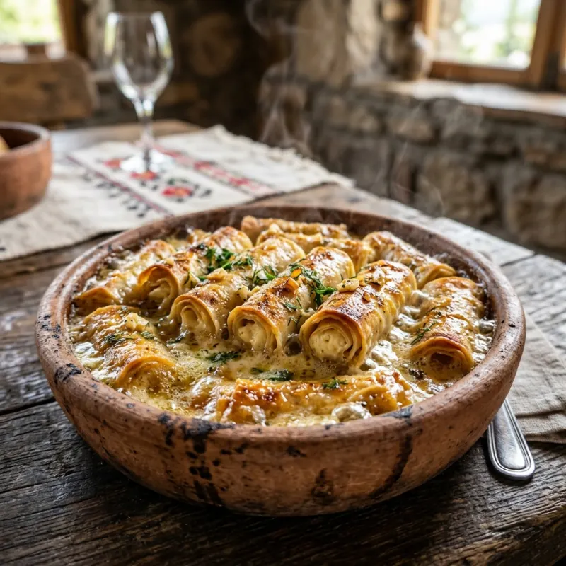 Traditional Adjarian Sinori baked in a clay dish with melted butter and cheese
