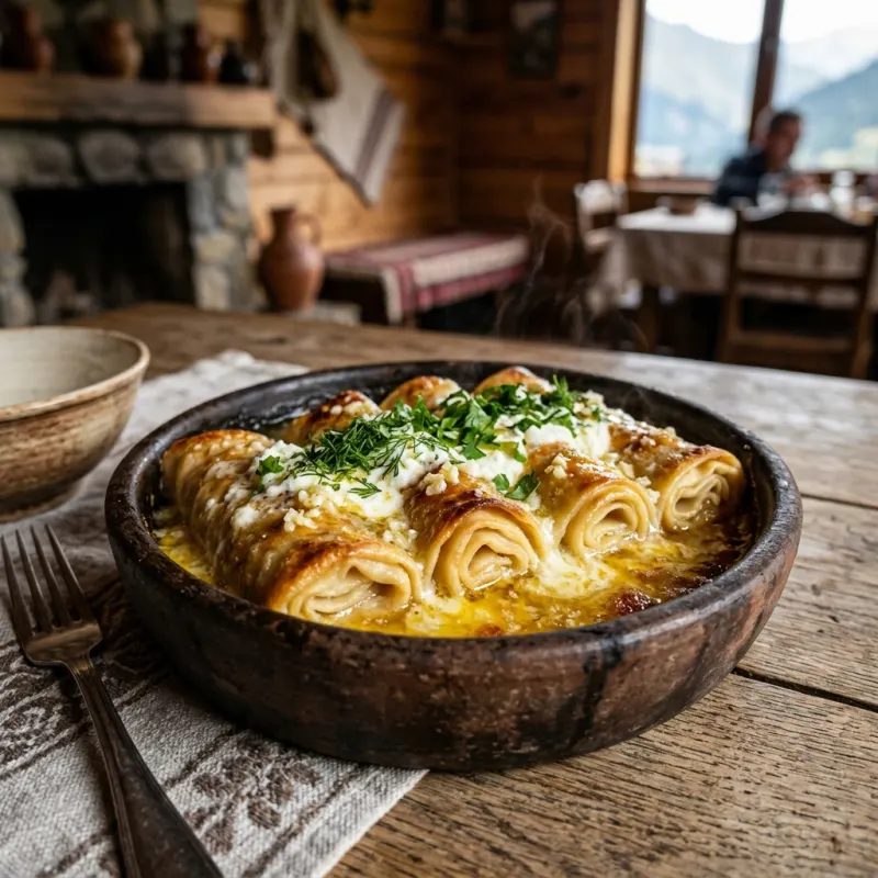Georgian dish Sinori in a rustic clay bowl with melted butter and cheese