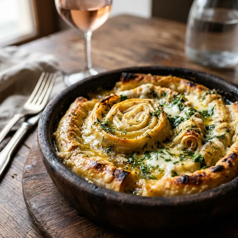 Authentic Georgian Sinori baked in a clay dish with cheese and melted butter