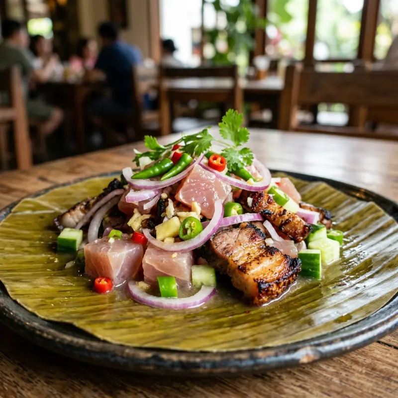 Authentic Sinuglaw dish with grilled pork belly and tuna ceviche