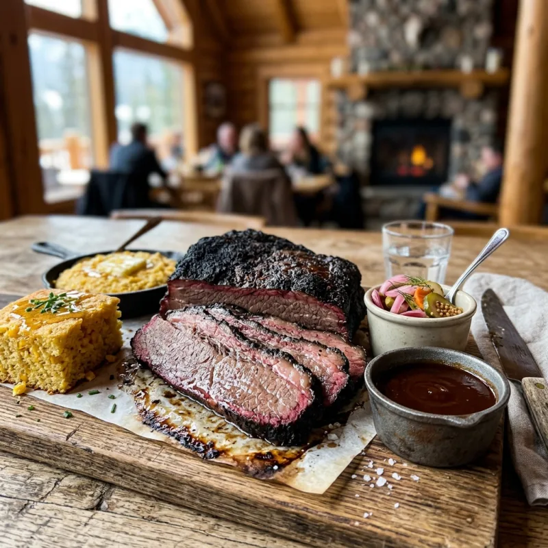 Slow-smoked Alberta beef brisket served with cornbread and barbecue sauce at an alpine restaurant
