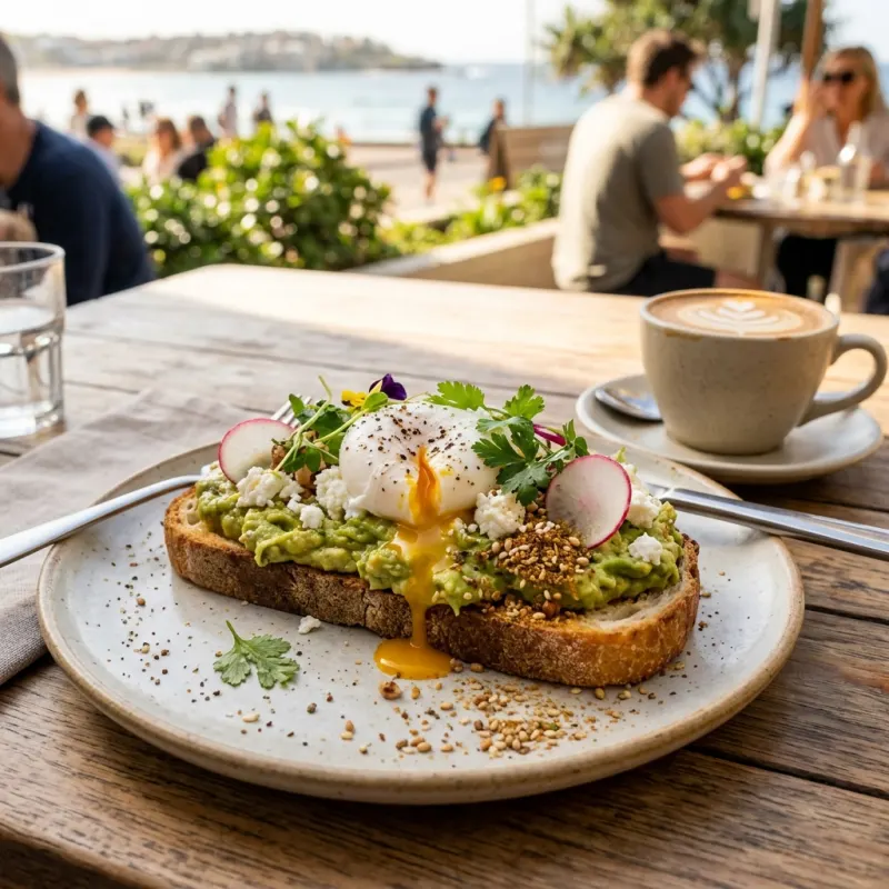 Smashed avocado on sourdough toast with poached egg and feta