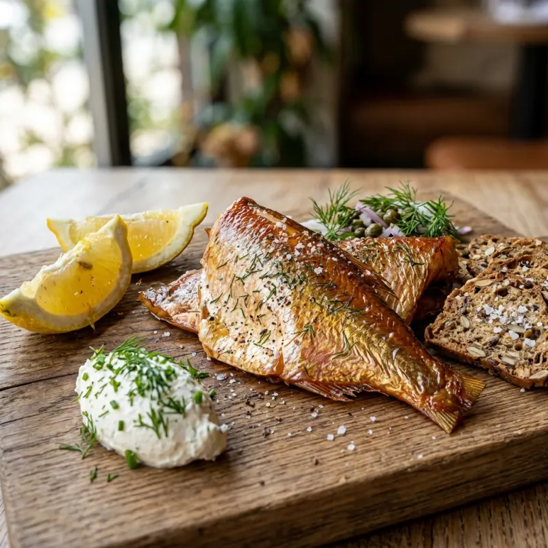 Smoked Goldeye served on a wooden board with crackers and cream cheese