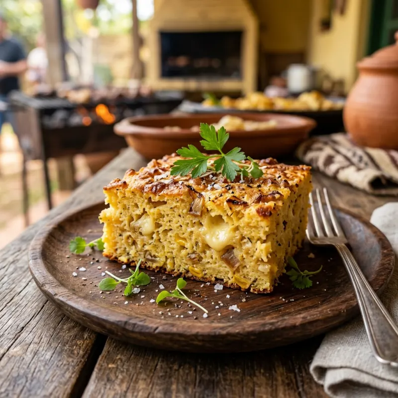 A slice of traditional Sopa Paraguaya on a wooden plate
