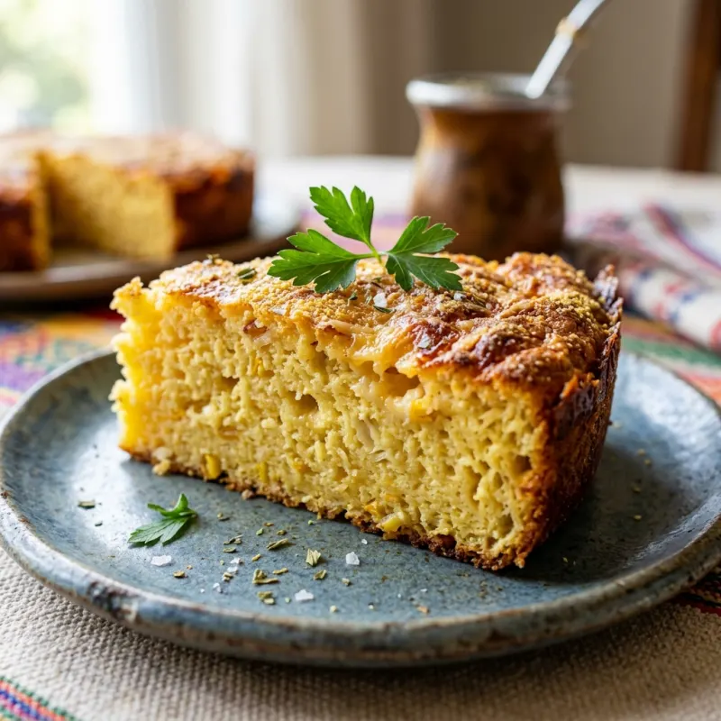 A slice of Sopa Paraguaya, a traditional savory cornbread from Paraguay