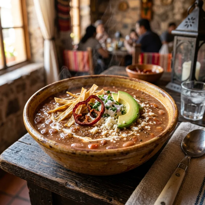 Bowl of traditional Mexican Sopa Tarasca with tortilla strips and cotija cheese