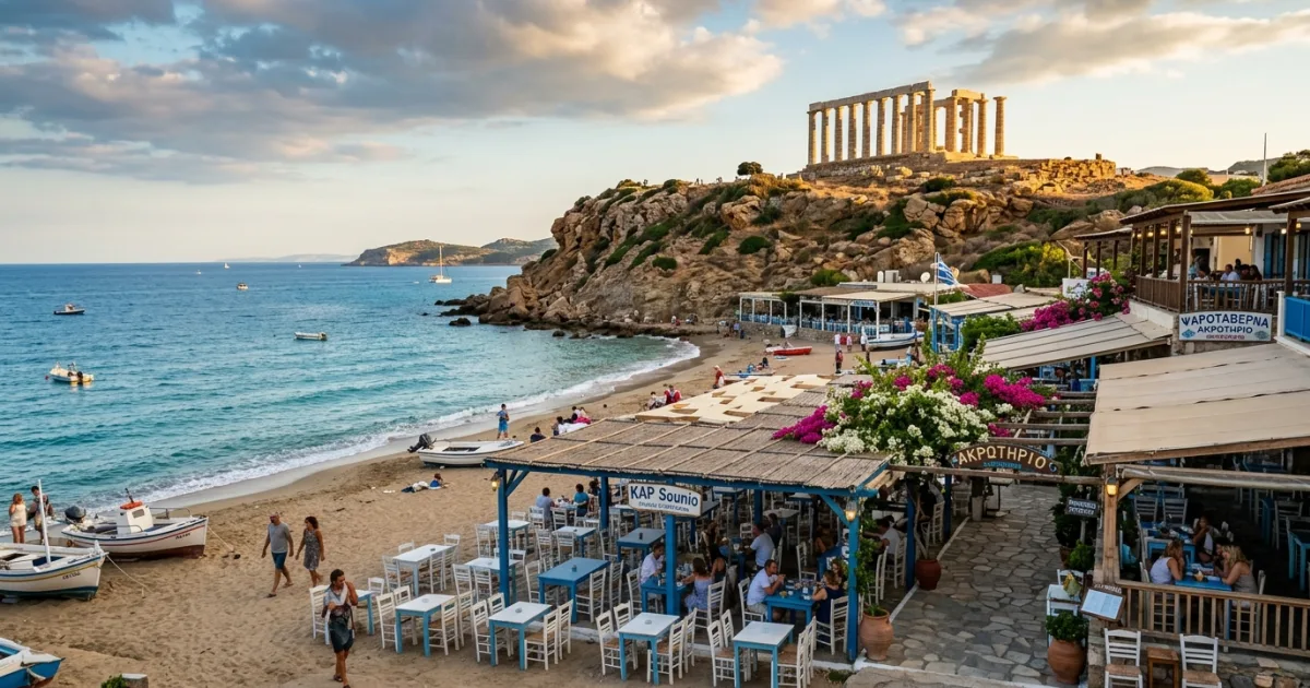 Seaside tavernas along Sounion Cove beneath the ancient Temple of Poseidon
