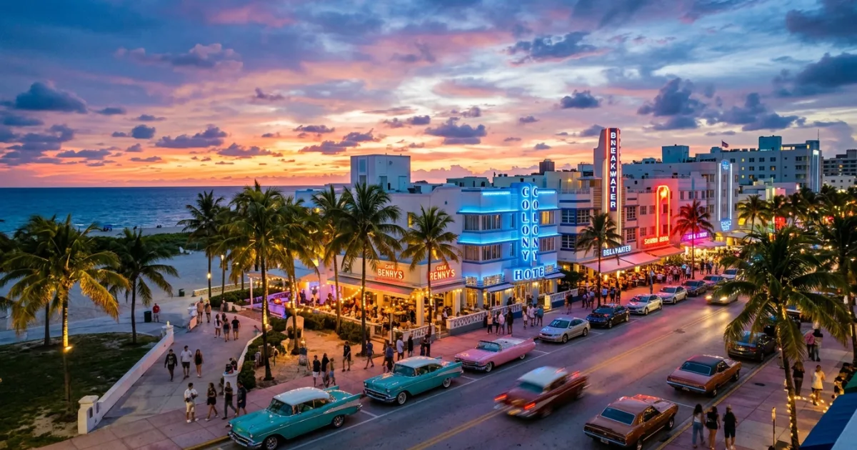Sunset view of Ocean Drive in South Beach with Art Deco hotels and neon signs