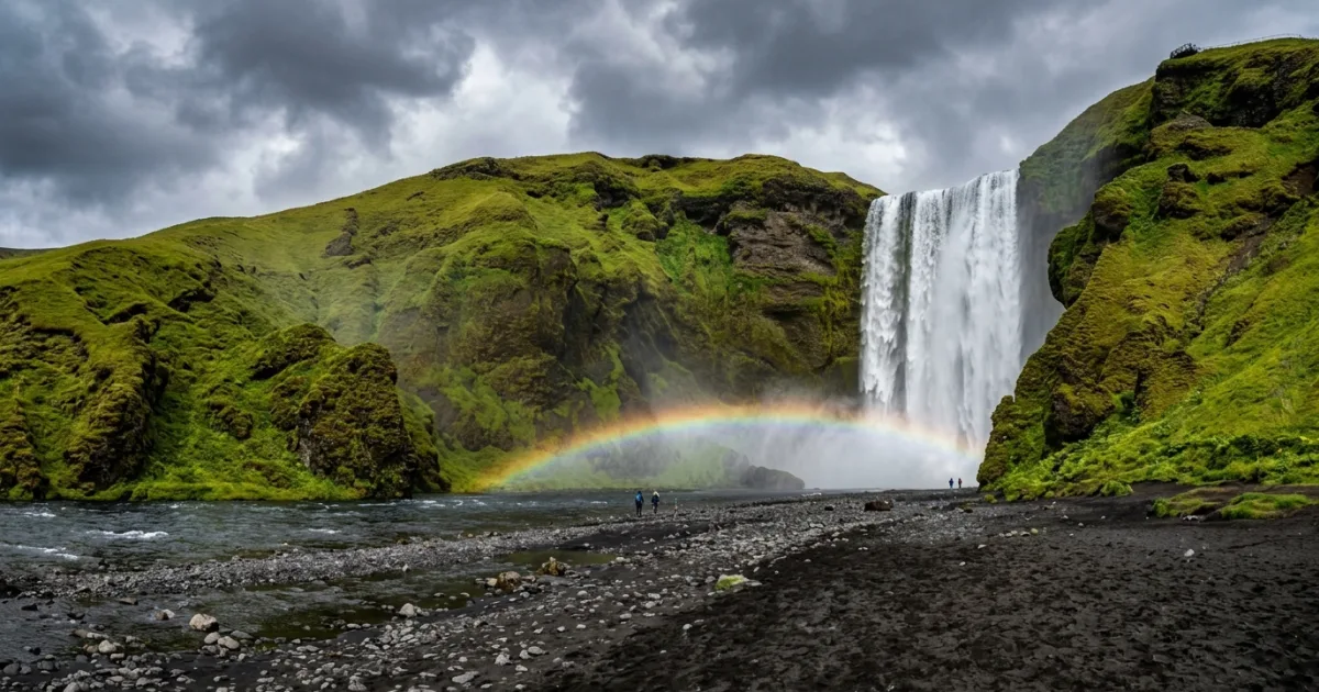 Skógafoss waterfall in South Iceland with a rainbow in the mist