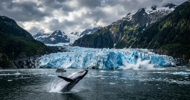 Southeast Alaska 5 A humpback whale breaching in front of a tidewater glacier in Southeast Alaska