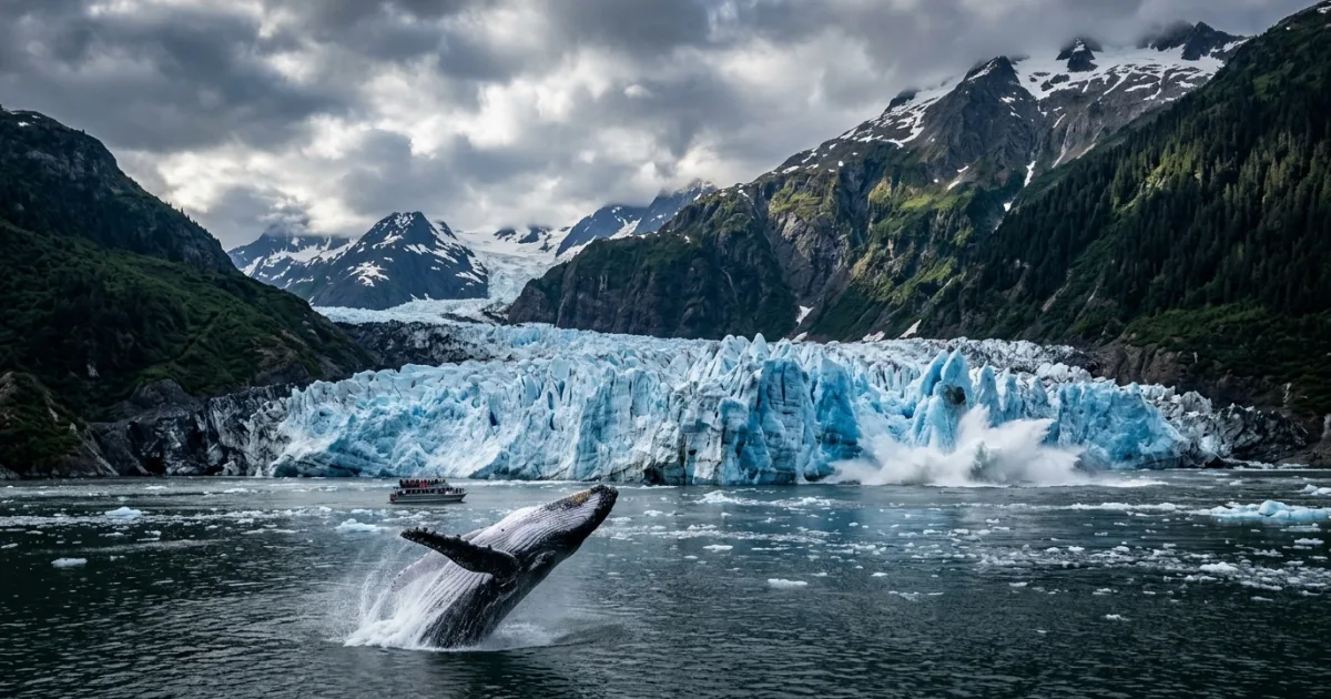 A humpback whale breaching in front of a tidewater glacier in Southeast Alaska