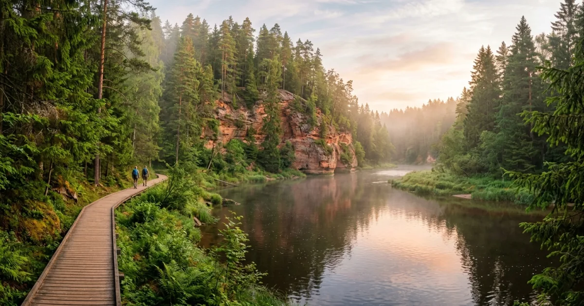 Taevaskoja sandstone cliffs and pine forest along the Ahja River in Southern Estonia