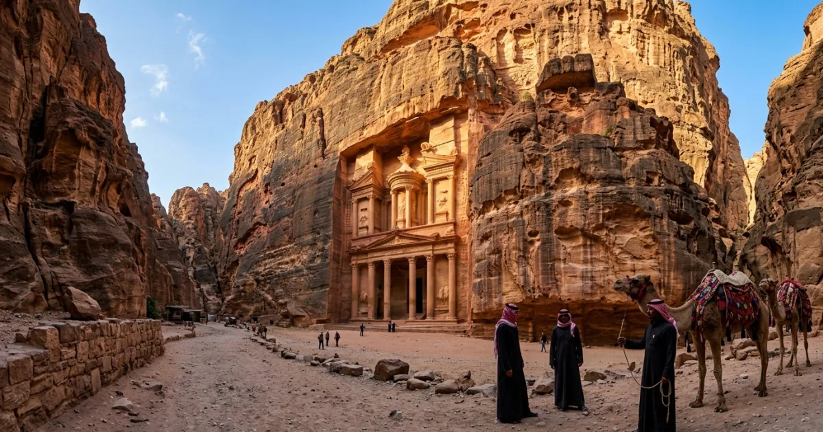 Panoramic view of the Treasury carved into sandstone cliffs in Petra, Southern Jordan