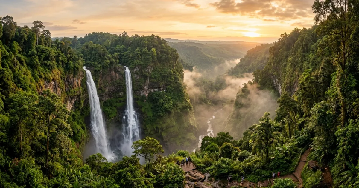 Panoramic view of Tad Fane twin waterfalls in the lush jungle of Southern Laos
