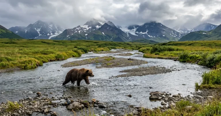 Southwest Alaska 3 Expansive landscape of Southwest Alaska featuring a coastal brown bear in a river with volcanic mountains