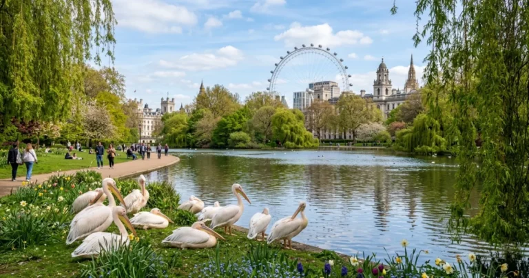 St James's Park 4 Scenic view of St James's Park lake with pelicans and the London Eye in the background