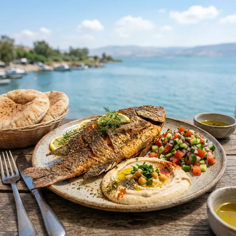 Whole fried St. Peter's fish with Israeli salad and hummus