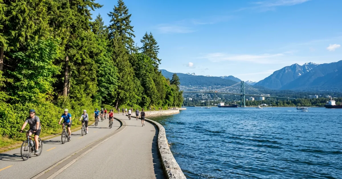 Panoramic view of cyclists on the Stanley Park Seawall in Vancouver with Lions Gate Bridge in the distance