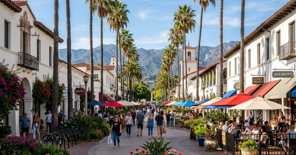 State Street Promenade in downtown Santa Barbara featuring palm trees, outdoor dining, and Spanish Colonial architecture