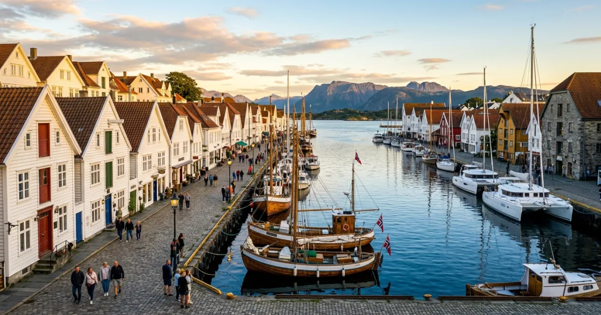 Panoramic view of Stavanger harbor featuring historic wooden houses, docked boats, and blue fjord waters