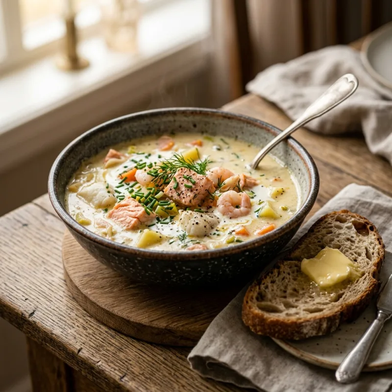 A steaming bowl of creamy Stavanger fish soup garnished with fresh herbs and seafood
