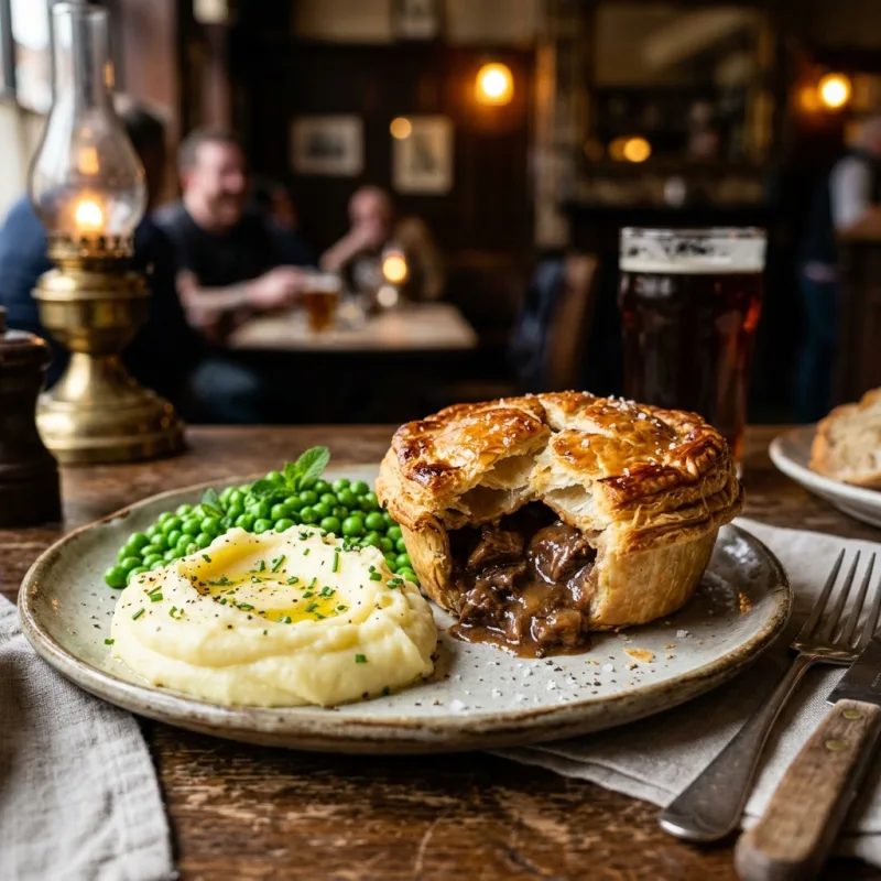 Golden British steak and ale pie with creamy mash and rich gravy in a London pub