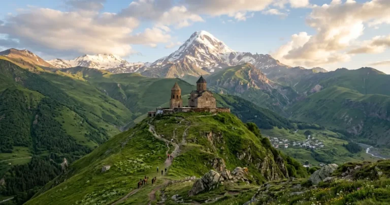 Stepantsminda 8 Gergeti Trinity Church standing before the snow-covered peak of Mount Kazbek in Stepantsminda