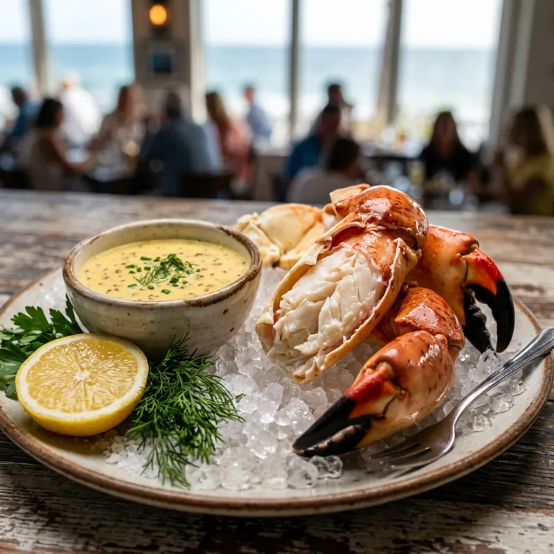 Chilled Florida stone crab claws served with mustard sauce and lemon wedges on crushed ice.