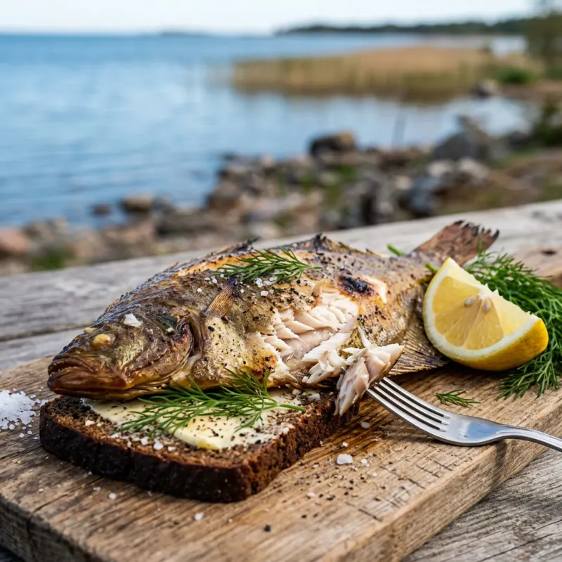 Authentic Estonian hot-smoked Baltic flounder served on a rustic wooden table with dark rye bread and fresh dill