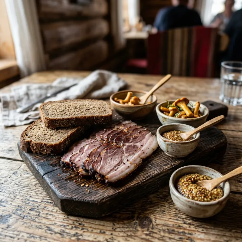 Smoke sauna cured pork served on dark rye bread with chanterelles
