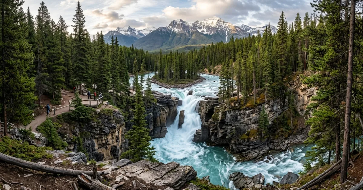 Sunwapta Falls cascading through a limestone canyon in Jasper National Park